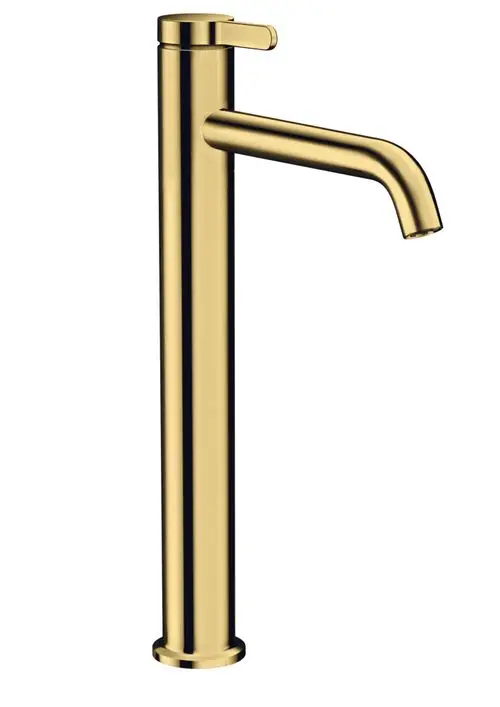 Ein goldfarbener Einhebel-Waschtischmischer von AXOR mit hohem, schlanken Design und einem Hebelgriff, geeignet für Aufsatzwaschtische.
